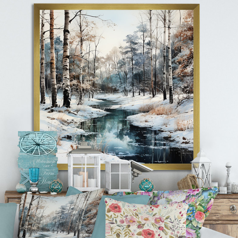 Rivière en forêt, paysage d'hiver - impressions sur toile de forêt, H 24 po x l 24 po x P 1 po, Cadre doré simple