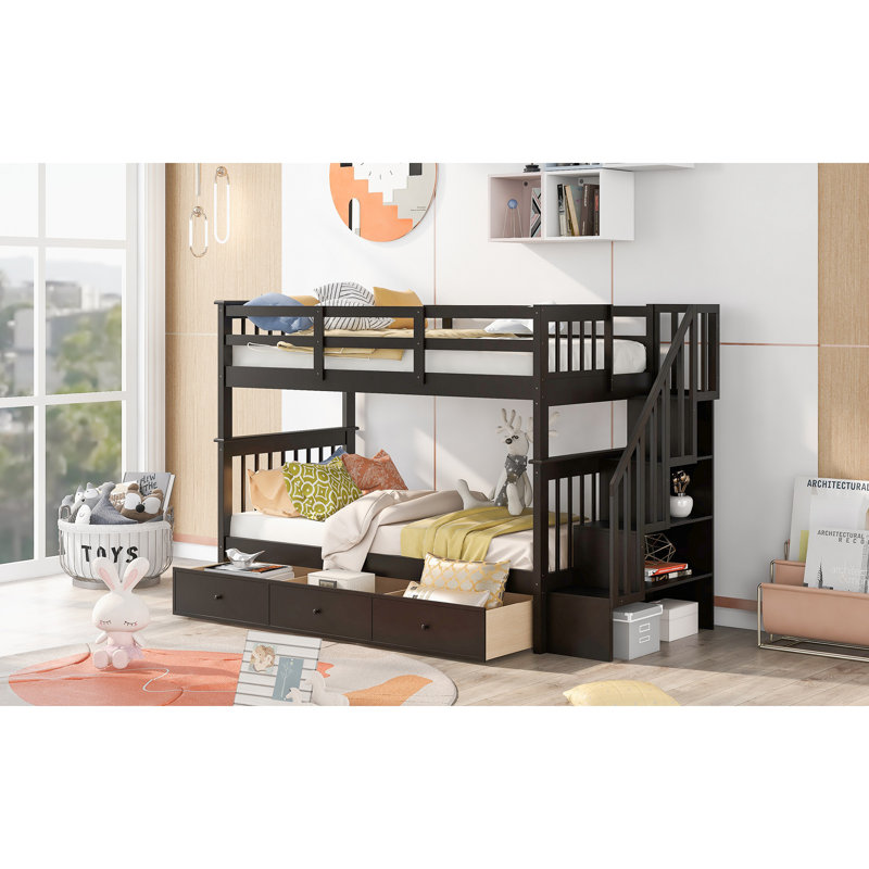 Lit superposé à escalier avec trois tiroirs pour chambre à coucher, dortoir, Espresso