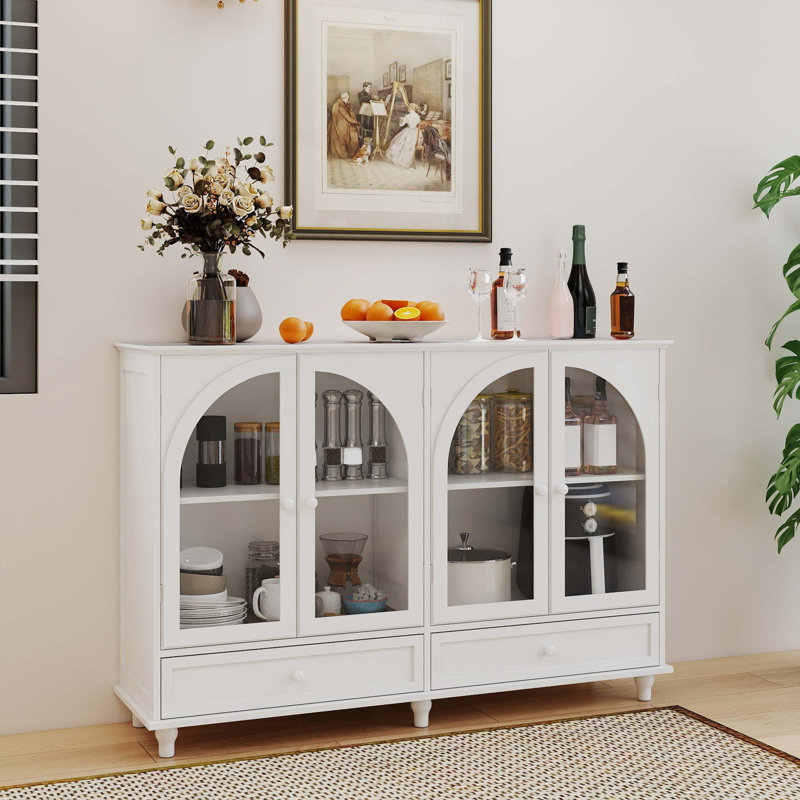 Buffet en verre arqué avec tablettes réglables et deux tiroirs, Blanc