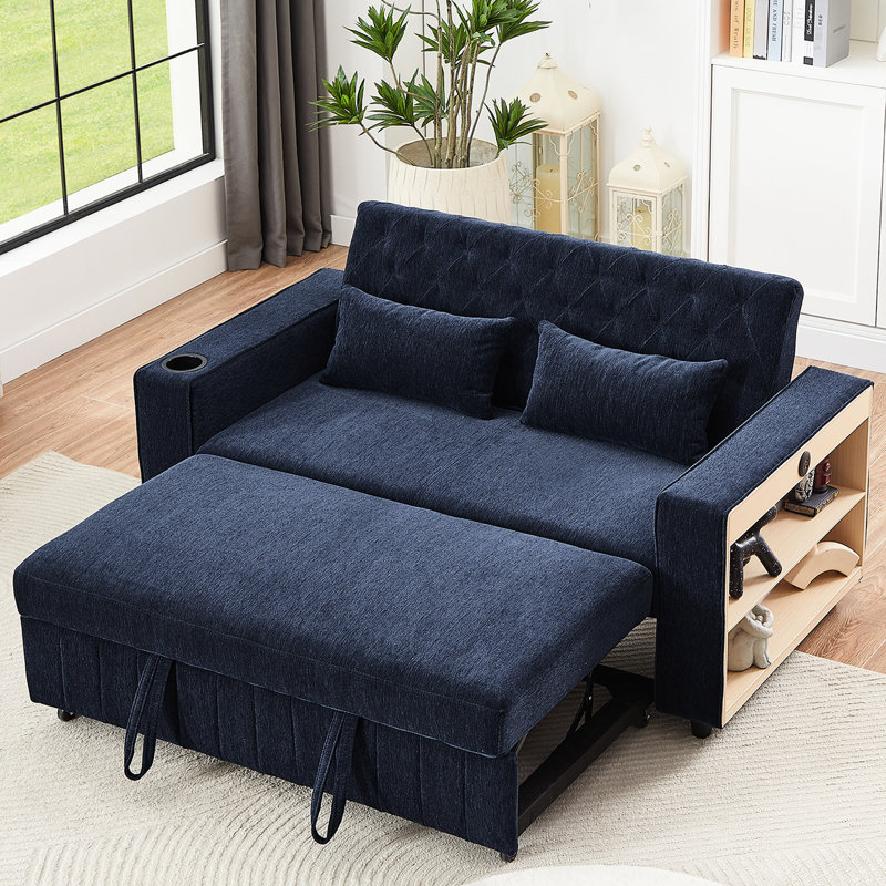 Lit escamotable 61,4 po, bleu avec poches latérales pratiques et charge réglable pour les petits espaces, Bleu