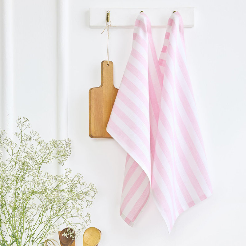100% Pure Linen Kitchen Towels Set of 2 - Sorrento Stripe, Pink/White