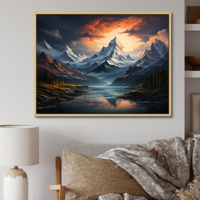 «Beybala Peach Teal Mountains Majestic Peaks», reproduction géométrique encadrée sur toile, H 34 po x l 44 po x P 1,5 po