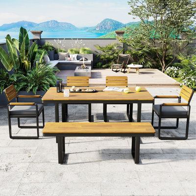 6-Piece Outdoor Dining Set, 1 Table With 4 Chairs, 1 Bench For Patio, Garden, Backyard