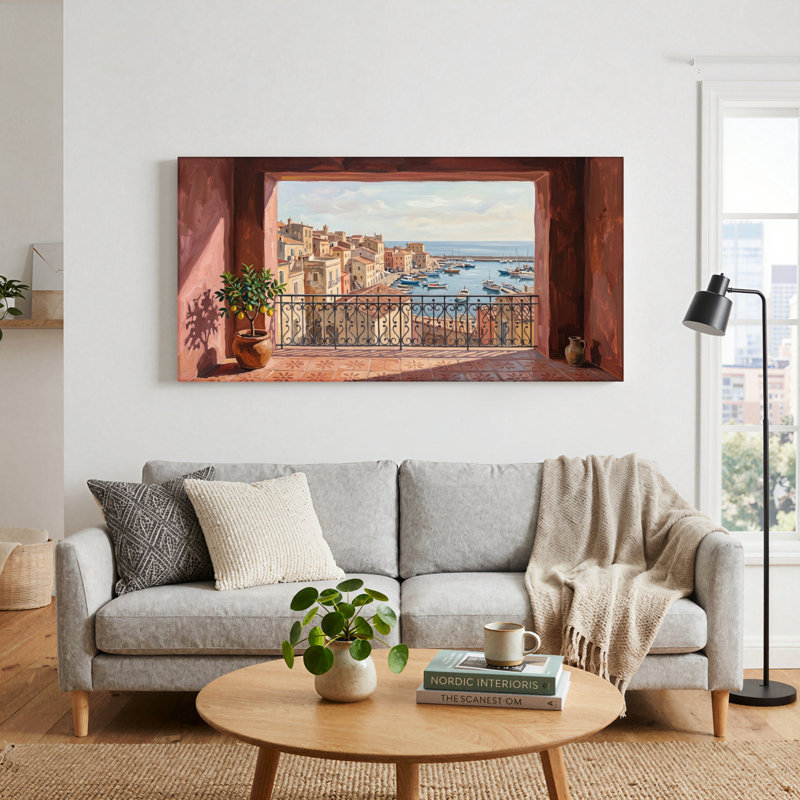 Ensemble de 1 tableau sur toile représentant une vue de la Méditerranée, L 40 po x H 20 po, Toile tendue