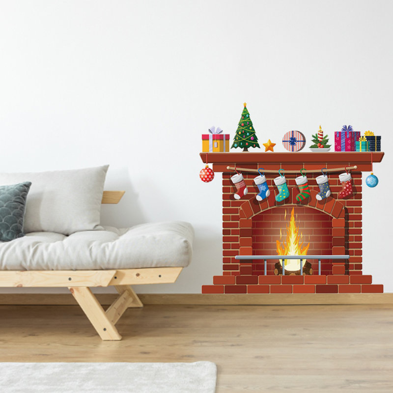 Christmas Fireplace Wall Stickers,Holiday Graphics Self-Adhesive,Window Decal