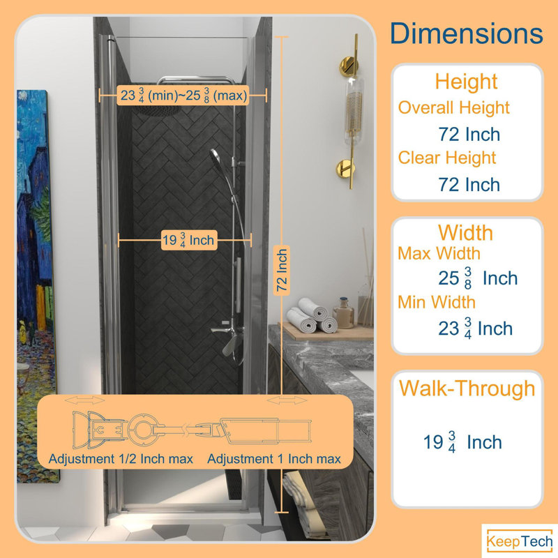 Porte de douche sans cadre KeepTech 24 x 72 po, l 24 à 25,5 po x H 72 po, finition chromée, verre trempé transparent de 1/4 po (6 mm) de style GSC, portes de douche pivotantes à panneau pivotant, installation réversible, certification ANSI, style à 