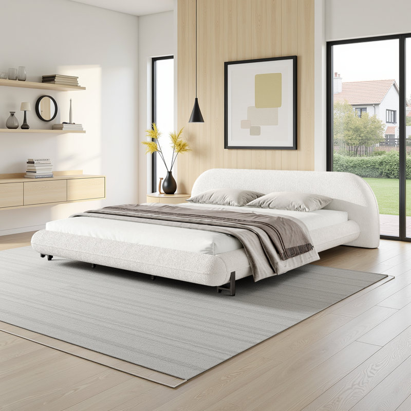 Bed Frame With Boucle Fabric, Upholstered Platform Bed With Curve-Shaped Design & Thick Headboard, King