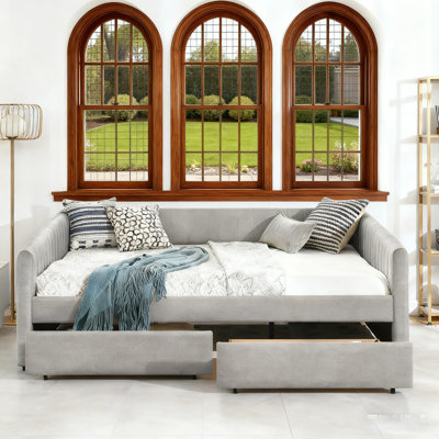Queen Sofa Bed With 2-Drawer Trundle, Upholstered In Linen With Vertical Stripes by Mercer41