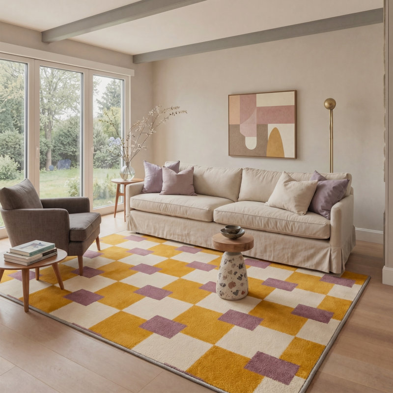 Geoform Modern Machine Washable Yellow / Beige / Purple Indoor Area Rug with Non-Slip Backing, Rectangle 6' x 9'