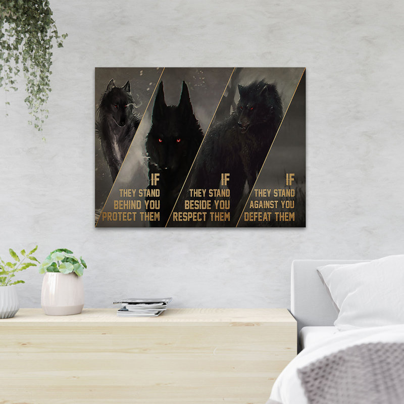 Un loup noir féroce - «If ils se tiennent derrière vous, les protègent s'ils se tiennent à vos côtés, respectez-les - 1 pièce, reproduction d'art graphique sur toile tendue