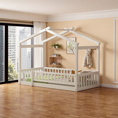 Adorable lit simple en bois avec clôture - parfait pour les enfants et les adolescents, blanc