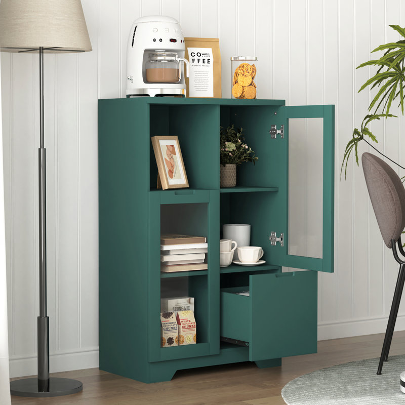 Armoire peinte en panneau de fibres à densité moyenne, portes / tiroir en verre, rangement ouvert - vert