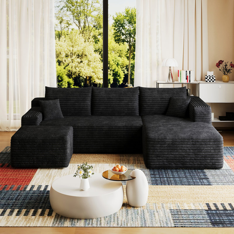 Canapé modulaire rembourré en U avec repose-pieds, Right Hand Facing, Black Corduroy