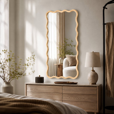 Solid Wood Wavy Rectangle Wall Mirror 40 x 28 Inch Modern HD Decor for Bathroom Bedroom Living Room Entryway