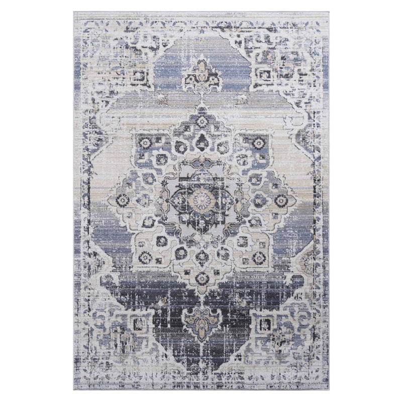 Tapis 5 x 7, métier à tisser, médaillon crème / bleu, ne perd pas ses poils, teinture, parfait pour la salle à manger, bureau à médaillon, grand dortoir