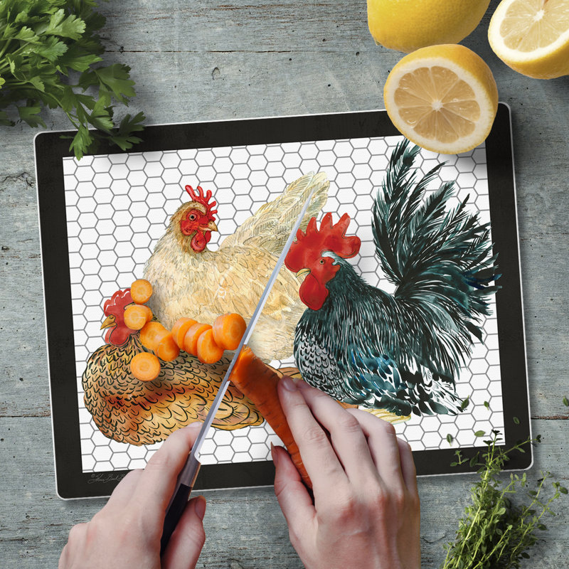 Whimsical Roosters Tempered Glass Cutting Board 10" x 8"