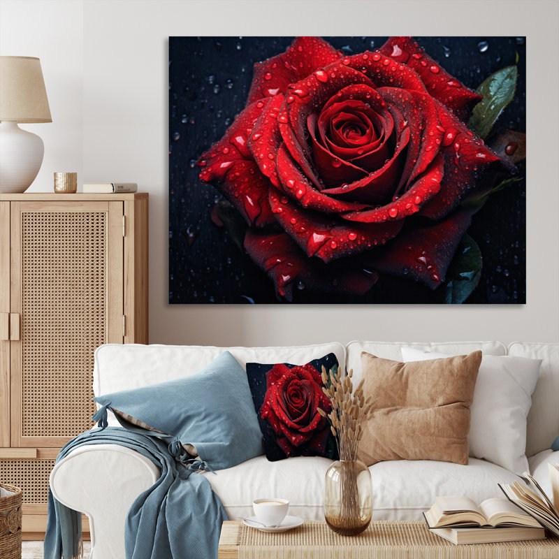 Rose rouge avec gouttes de pluie VI - impression sur toile florale, Toile tendue, H 30 po x l 40 po x P 1,5 po