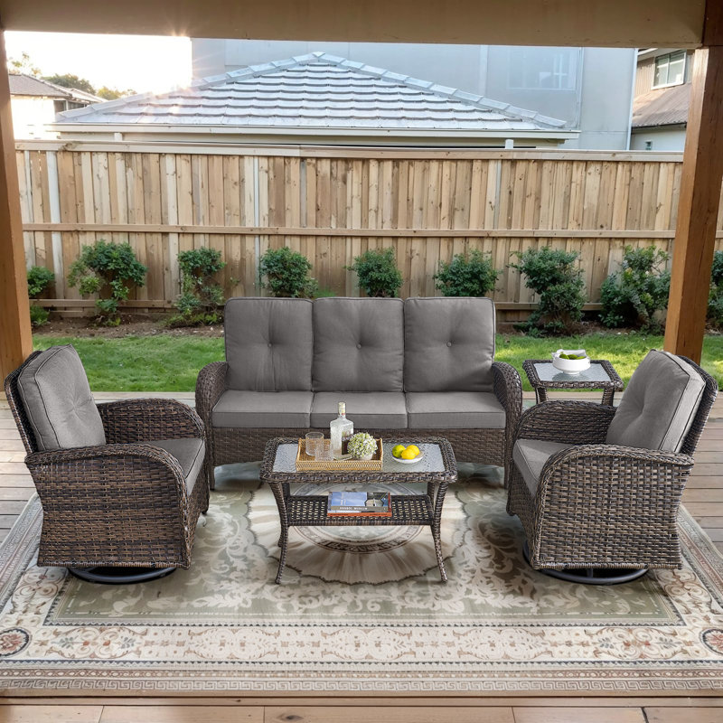 Gaetanino 5-Person Outdoor Wicker Sofa Seating Group with Cushions and Side Table, Brown, Gray