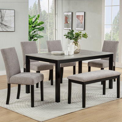 6-Piece Dining Table Set with Bench, Solid Wood Kitchen Table with Concrete-Effect Melamine Tabletop and 4 Upholstered Chairs