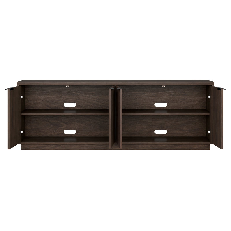Meuble télé 70 po pour téléviseur de 78 po ou moins avec portes cannelées, rangement et gestion des câbles - Console média moderne en aulne brun avec socle pour salon | Mansfield