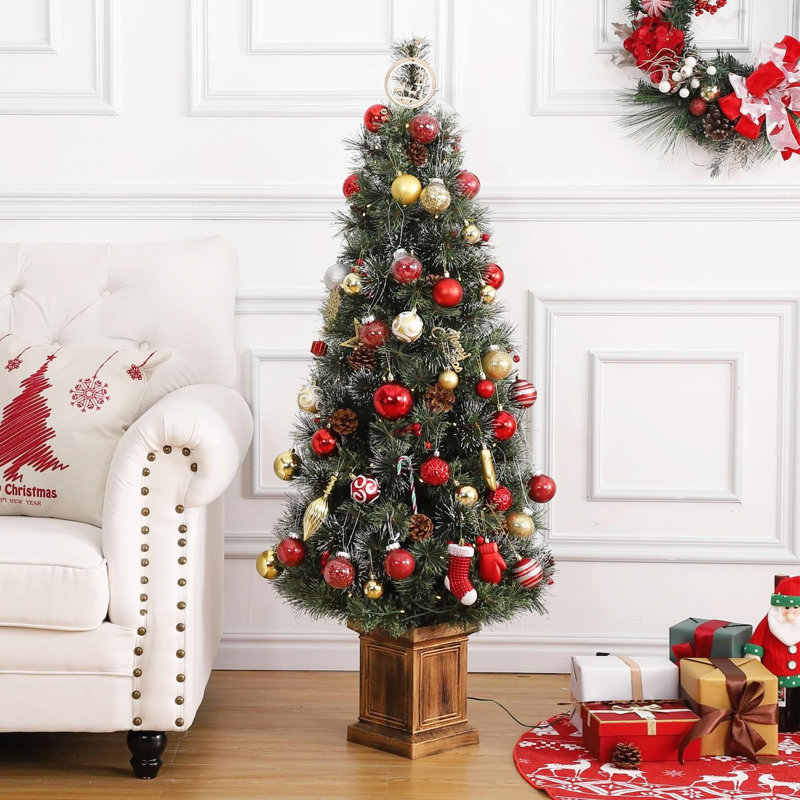 Christmas Tree-Fat Tree Body Contains 4.5Fth Potted Tree 200 Lights, Frost Flowering Cedar, Large Square Pot Base, 4 Red Fruits