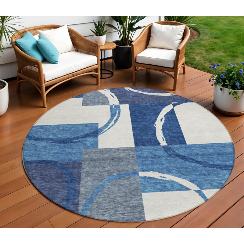 Tapis d'intérieur rond lavable géométrique 8 pi bleu et ivoire