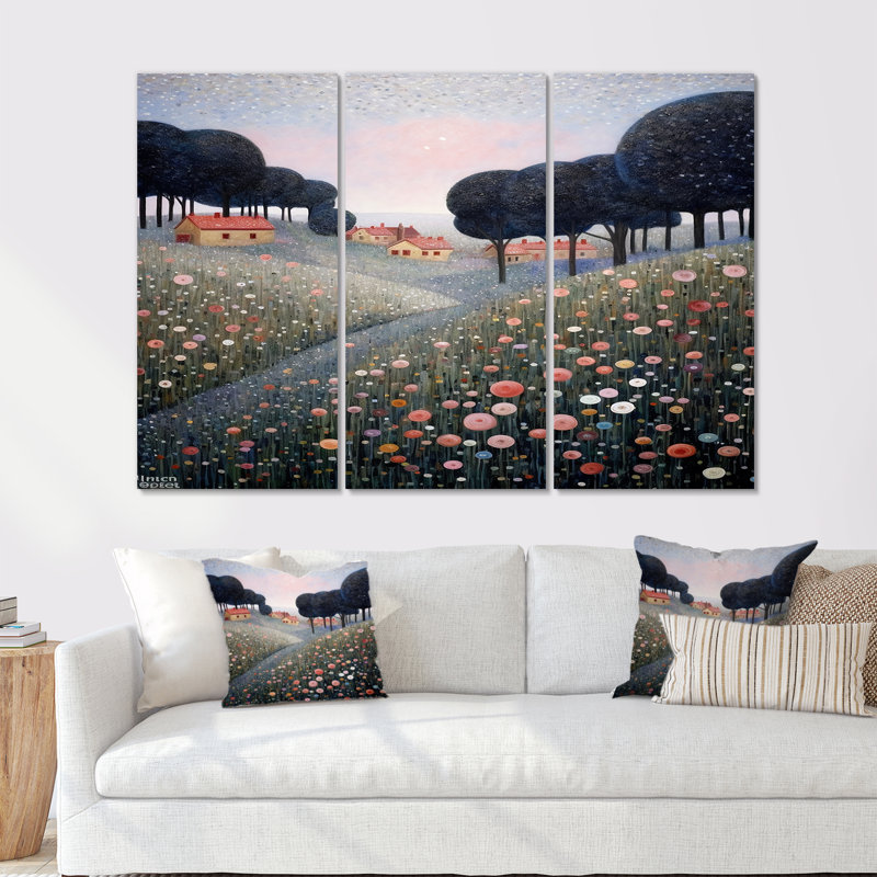 «Blooming Wildflowers In Countryside Town», ensemble d'art mural prairie, Toile tendue, H 28 po x l 36 po x P 1 po