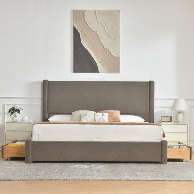 Lit plateforme Juanetta avec tête de lit de 131,6 cm (51,8 pouces) de haut, revêtement texturé en tweed et 2 grands tiroirs de rangement