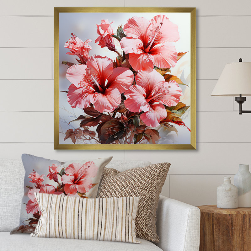 «Farmhouse Pink Hibiscus Charm» sur impression sur toile, Cadre doré simple, H 30 po x l 30 po x P 1 po