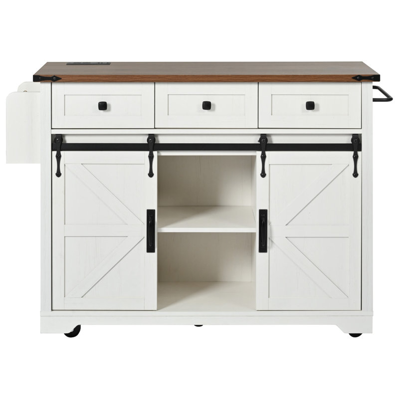 Farmhouse Kitchen Island with Power Outlet, Sliding Barn Door Kitchen Storage Island with Drop Leaf, Spice Rack Rolling Kitchen Cart on Wheels, for Home, Kitchen and Dining Room