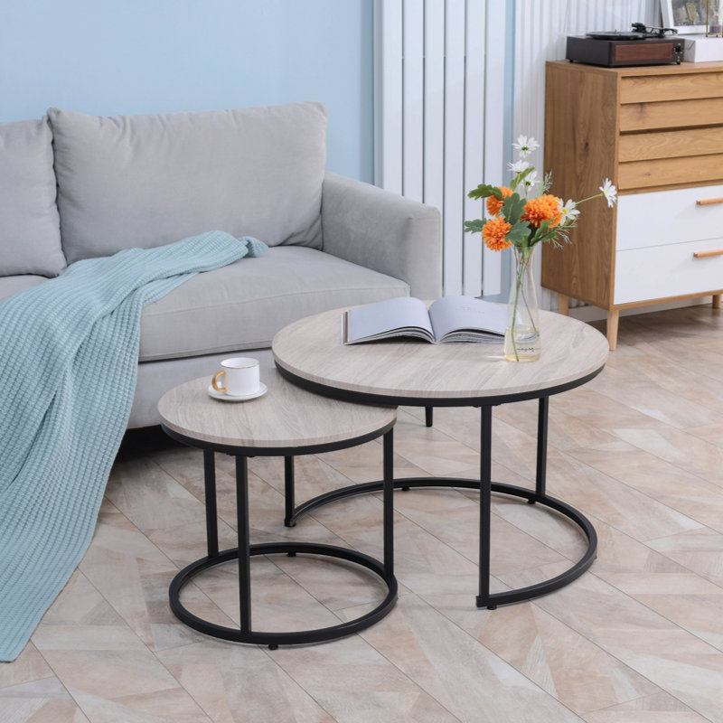 HOMCOM Round Nesting Tables Set Of 2, Stacking Coffee Table Set With Metal Frame  ,