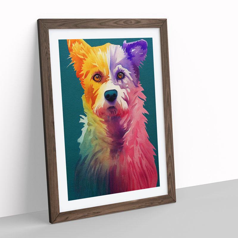 Colourful Dog No.4 - Single Picture Frame Painting, 64cm H x 46cm W x 2cm D, Walnut