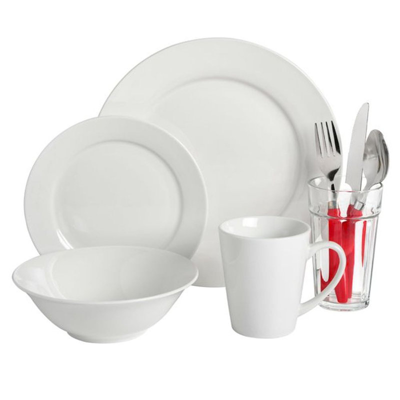 Regal White 32-Piece Porcelain Dinnerware Set with Red Handle Utensils