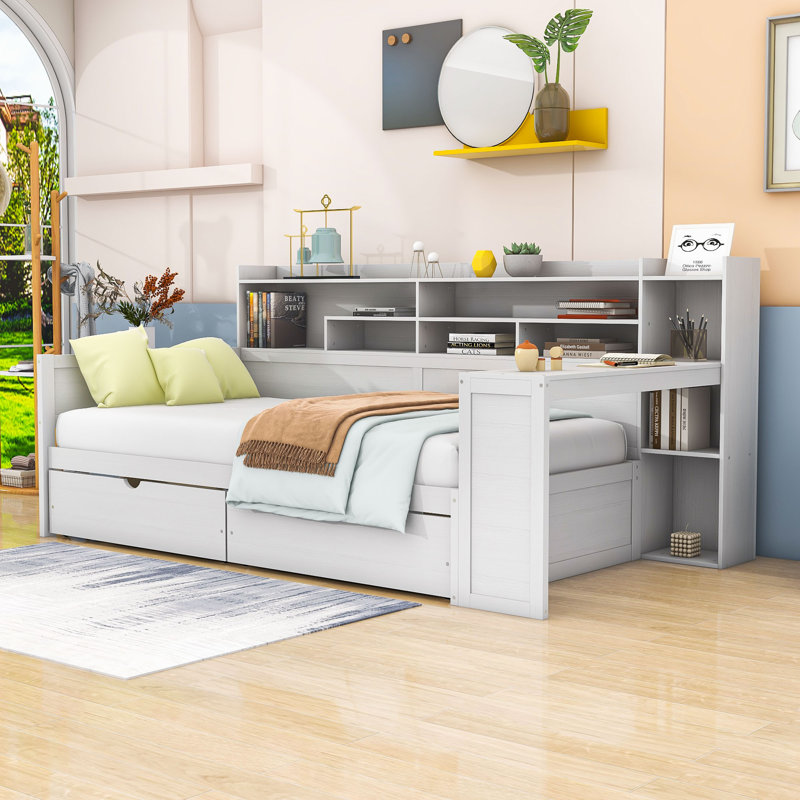 Wood Daybed with Storage Shelves,2 Storage Drawers and Study Desk, Twin, Antique White