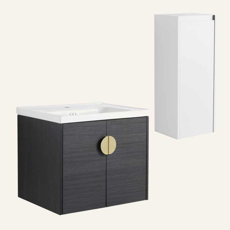 Meuble-lavabo mural 24 po avec lavabo en céramique et armoire latérale, portes à fermeture en douceur
