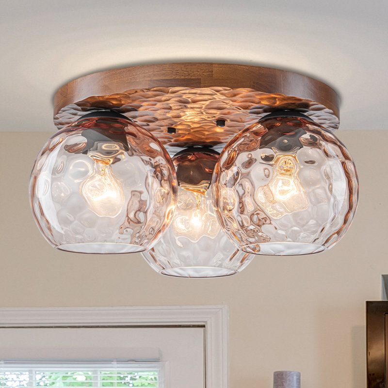 16.5" 3-Light Rustic Farmhouse Flush Mount Ceiling Light with Hammered Amber Glass, Solid Oak Canopy, E26 LED Compatible