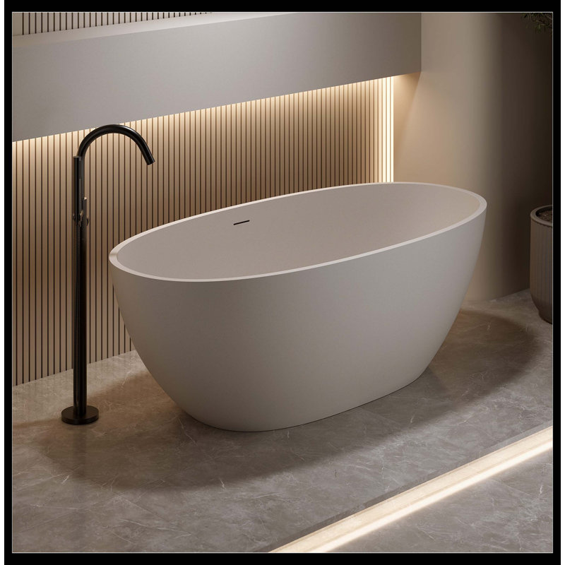 Baignoire de trempage autoportante en résine de 63 po à surface solide avec trop-plein et bonde escamotable 63 po, Beige