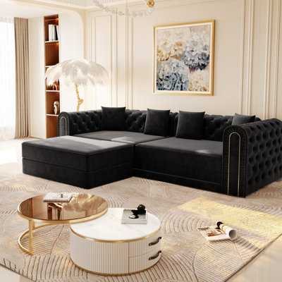 Canapé gain de place 3 places en 1, gris foncé, capitonné, finitions dorées, 4 coussins inclus, beige, élégant 21 cm, pour salon
