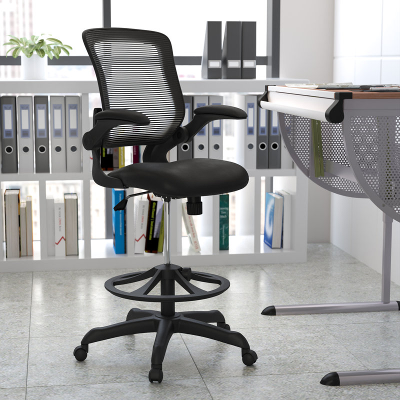 Mid-Back Mesh Ergonomic Drafting Chair with Adjustable Foot Ring and Flip-Up Arms, Black