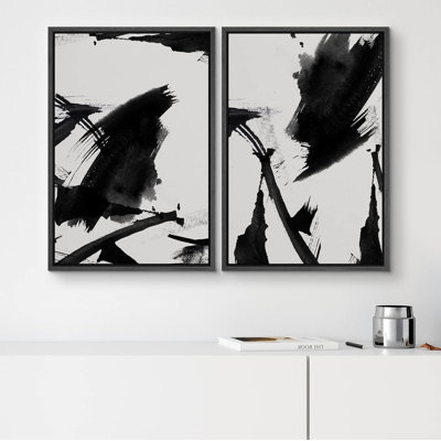 «Black Duotone Paint Stroke Landscape Abstract Shapes», 2 pièces sur toile