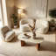 Meranda 47" Modern Oval Travertine Textured Stone Coffee Table-Unique Travertine Slab Top And Semi-Circular Solid Wood Base For Living Space
