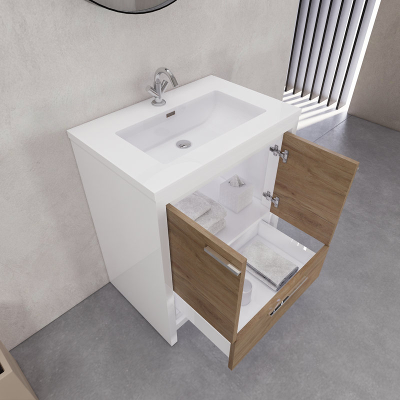 Ensemble de meuble-lavabo simple 29,6 po Eden, Blanc brillant / teck