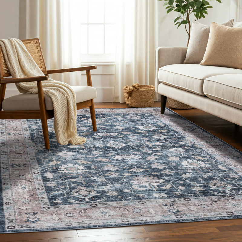 Bungalow Rose Indigo Bloom Machine Washable Area Rug – Soft, Durable, Non-Slip, Stain Resistant, Eco-Friendly GRS Certified, Perfect for Bedroom, Living & Dining Rooms