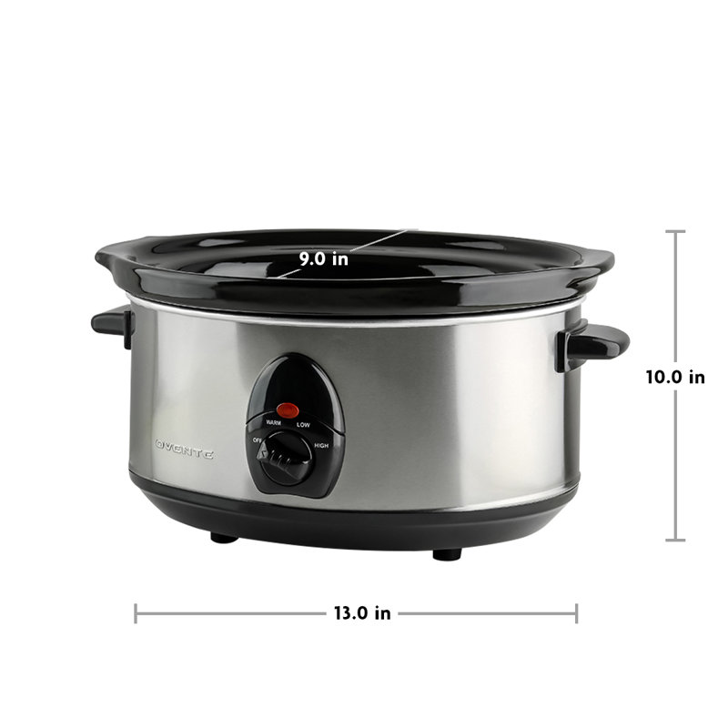 OVENTE Electric Slow Cooker with 3 Cooking Settings, Non-Stick and Dishwasher Safe Stoneware, Stainless Steel Body, Glass Lid, 3.7 Qt Oval Pot for Entrees, Soups, Sauces, Stews & Dips, Silver SLO35ABR