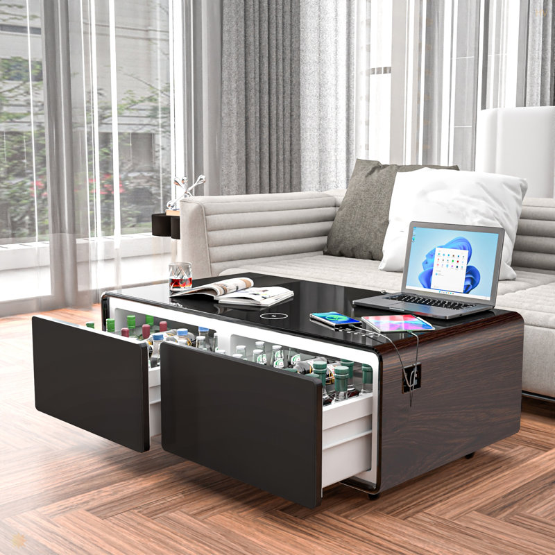 Table basse moderne et intelligente avec réfrigérateur intégré, haut-parleur Bluetooth, module de charge sans fil, panneau de commande tactile, prise de courant, port USB, protection pour prise de courant, lumière d'ambiance