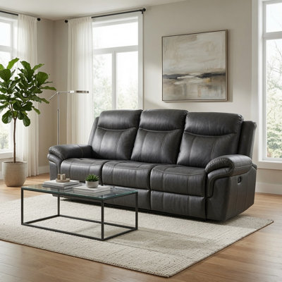 Arisa Manual Reclining Sofa, Drop-Down Table, Gray Faux Leather 87 Inch