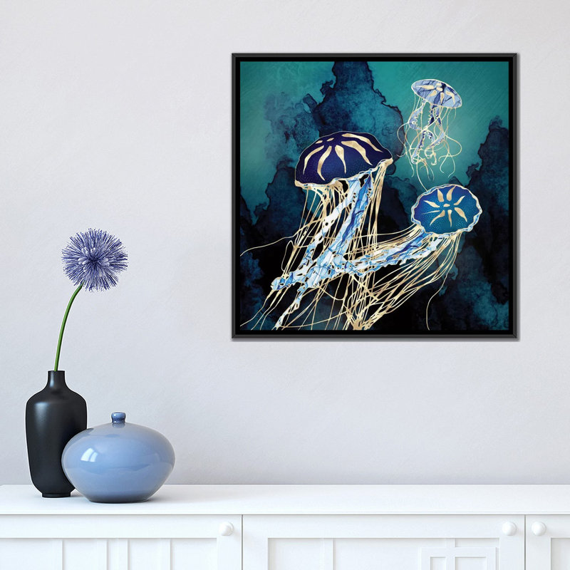 Métallique méduse III - impression d'art graphique, Pas de tapis, 18" H x 18" W x 1.5'' D, Black Framed