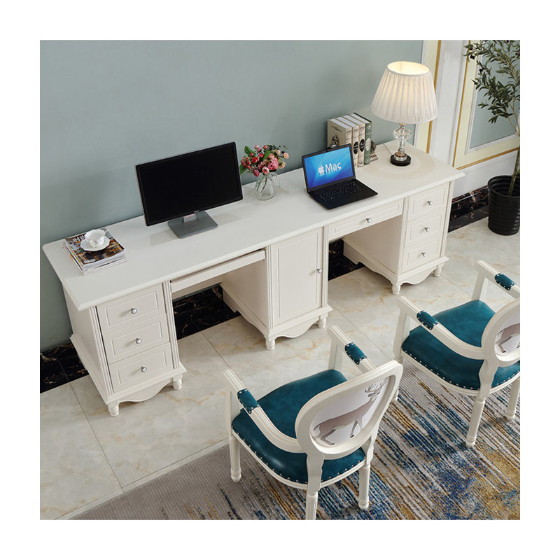 Bureau double pour deux personnes avec tiroirs multiples et armoire