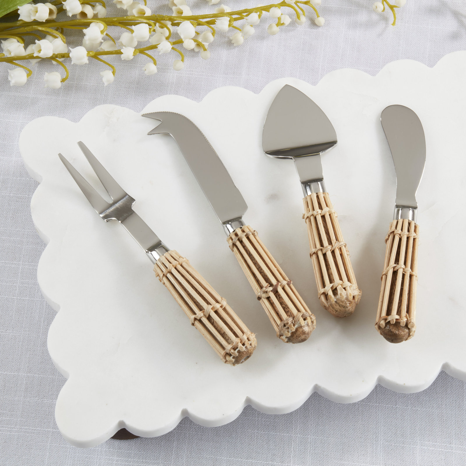 Wicker Handle Stainless Steel Cheese Serving Set