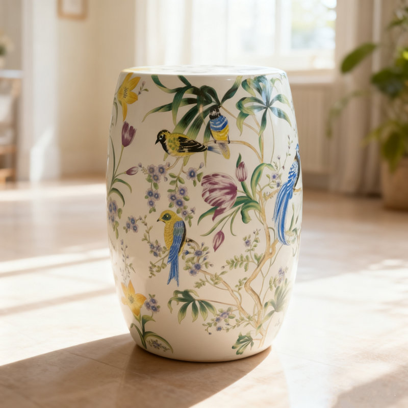 Tabouret circulaire en céramique à motif floral
